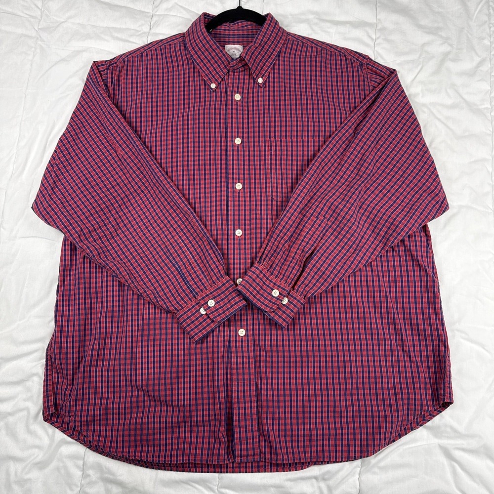 Brooks Brothers 346 Men's Size XL Red & Blue Plaid Plaid Button Up Shirt No Iron